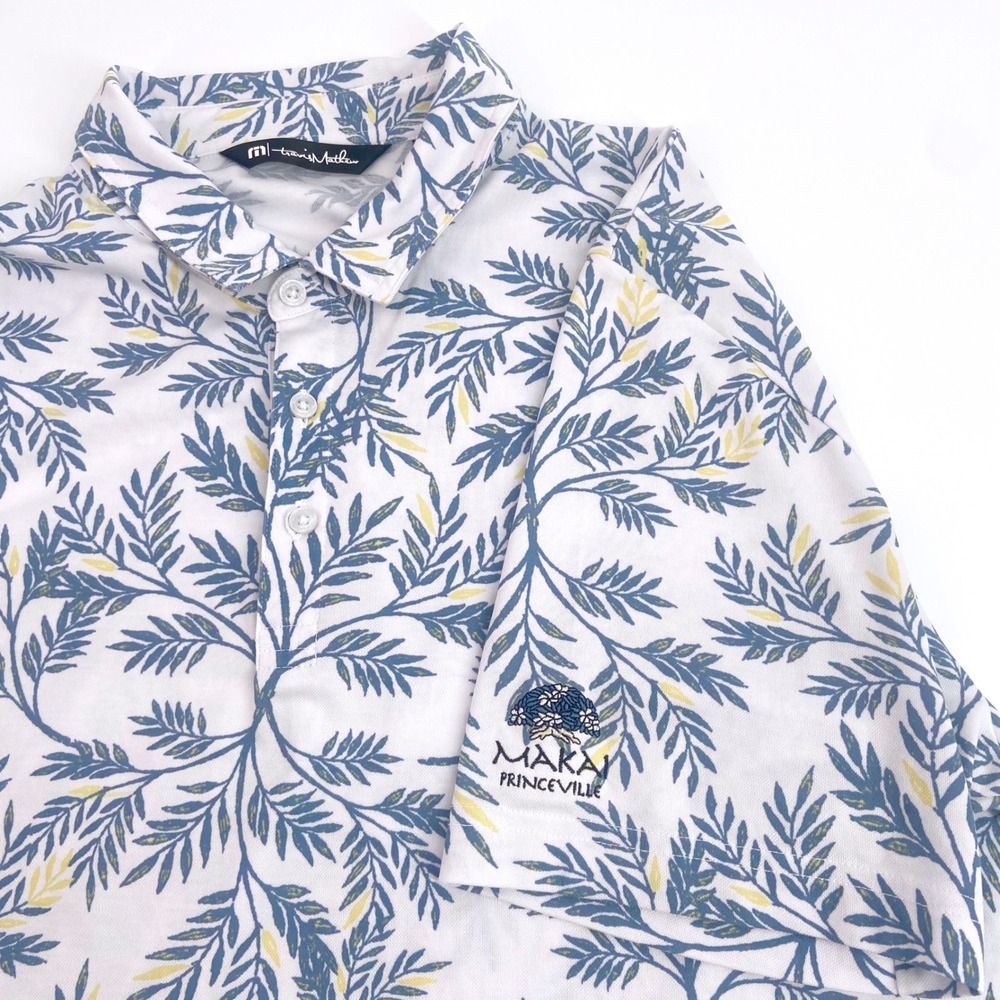 TravisMathew Mens Botanical Leaf Print Golf Polo Shirt White Blue Yellow XL